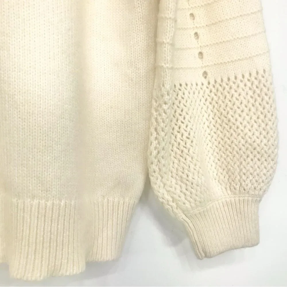 Design 365 Cream Cozy Puff Sleeve Collared Pullover Thick Knit Sweater
